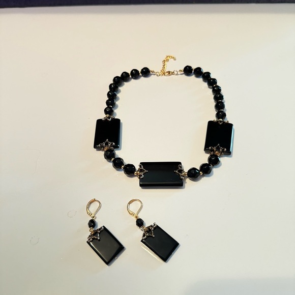Vintage Onyx Slab & Faceted Bead Leverbk Earrings And Necklace Set - Picture 1 of 9